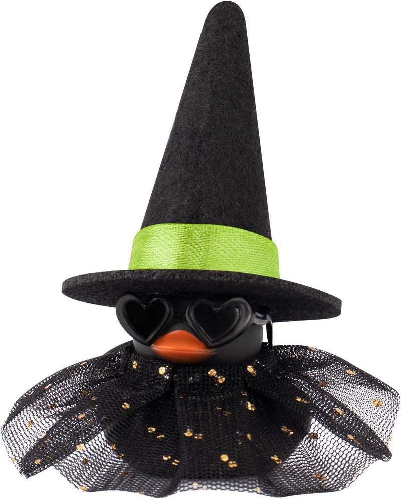 wonuu Car Dashboard Witch Black Rubber Ducks for Halloween, Decorations Duck for Office Desk Ornament Accessories with Hat Glasses Skirt, Green - Image 1